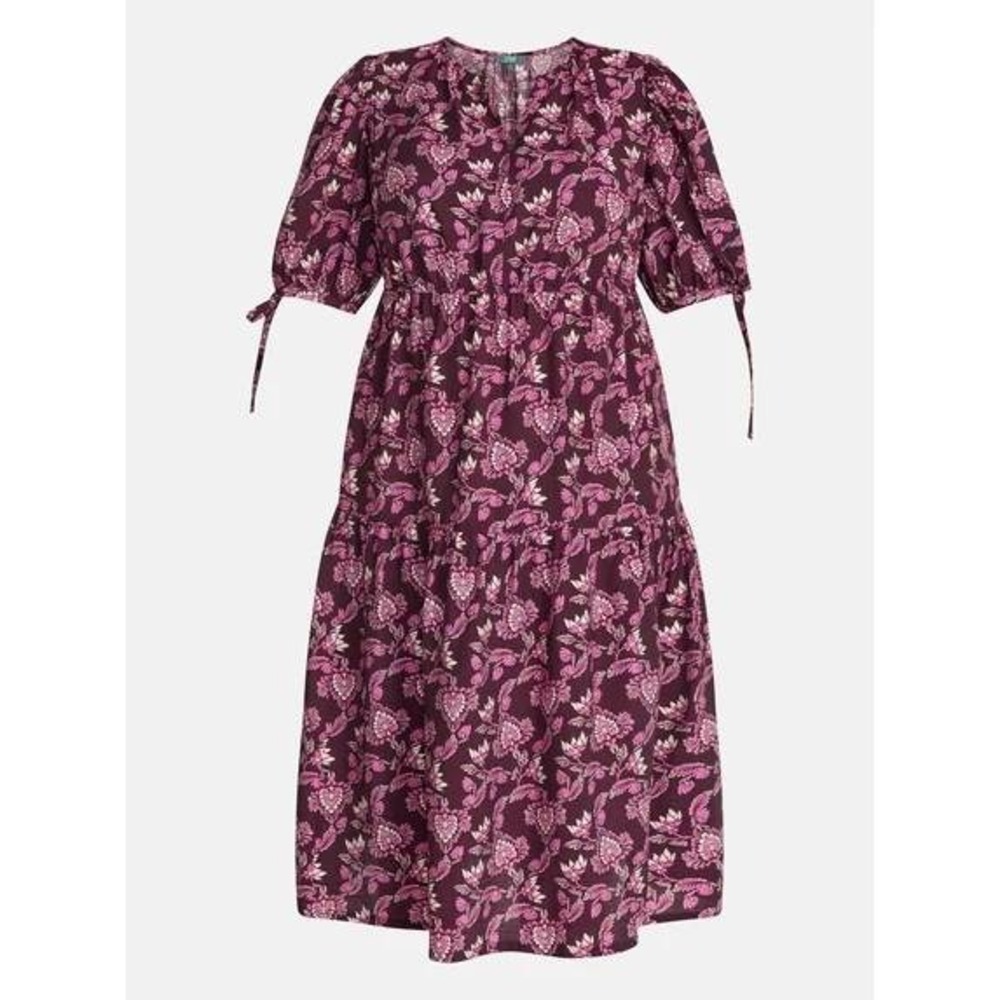 TERRA & SKY Tiered Midi Dress Short Sleeve 2X Indienne Paisley Dark Wine XXL NWT